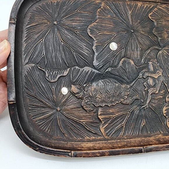 Chinese Carved Wooden Tray Lotus Leaves Frog Pulling Turtle Leg VTG Inlay - Picture 4 of 9